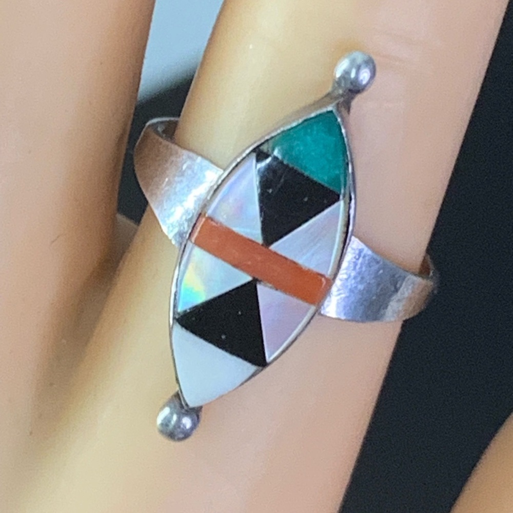 Antique VTG Native American Navajo Sterling Silver Onyx Turquoise Moonstone Cora